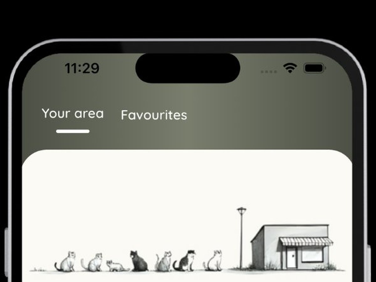 The My Feline app showing the In Your Area screen with an illustrated row of cats